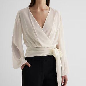 Express Faux Wrap Tie-Waist Top Beige NWT  S/XS